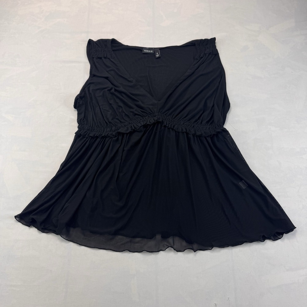Torrid Womens 2X Black Mesh Ruffle V Neck Babydoll Tank Top Plus Size
